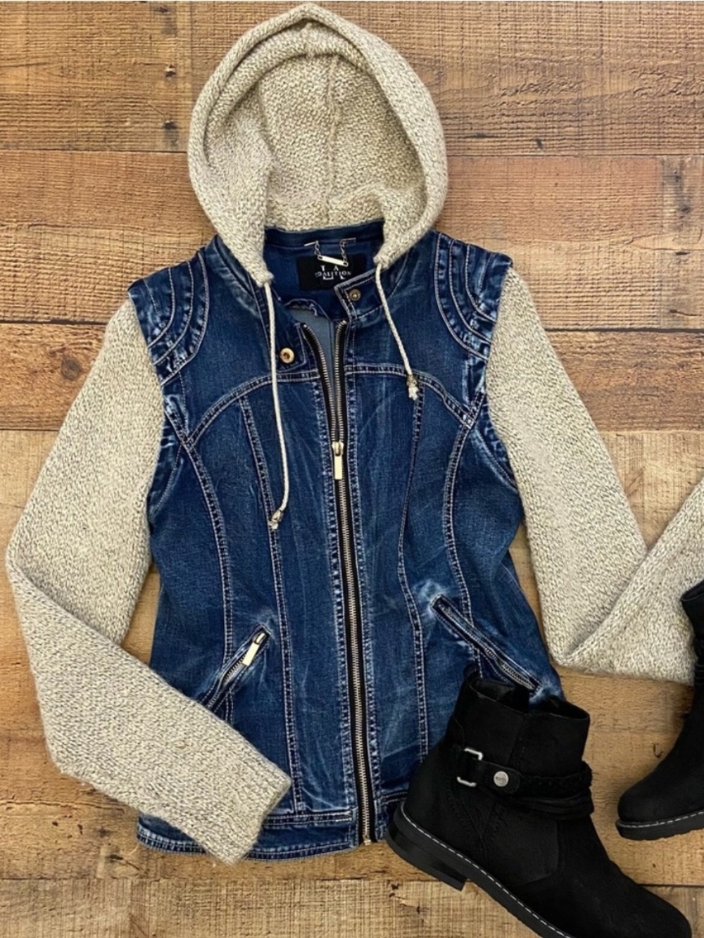 Denim Sweater Hooded Jean Jacket by LA Coalition